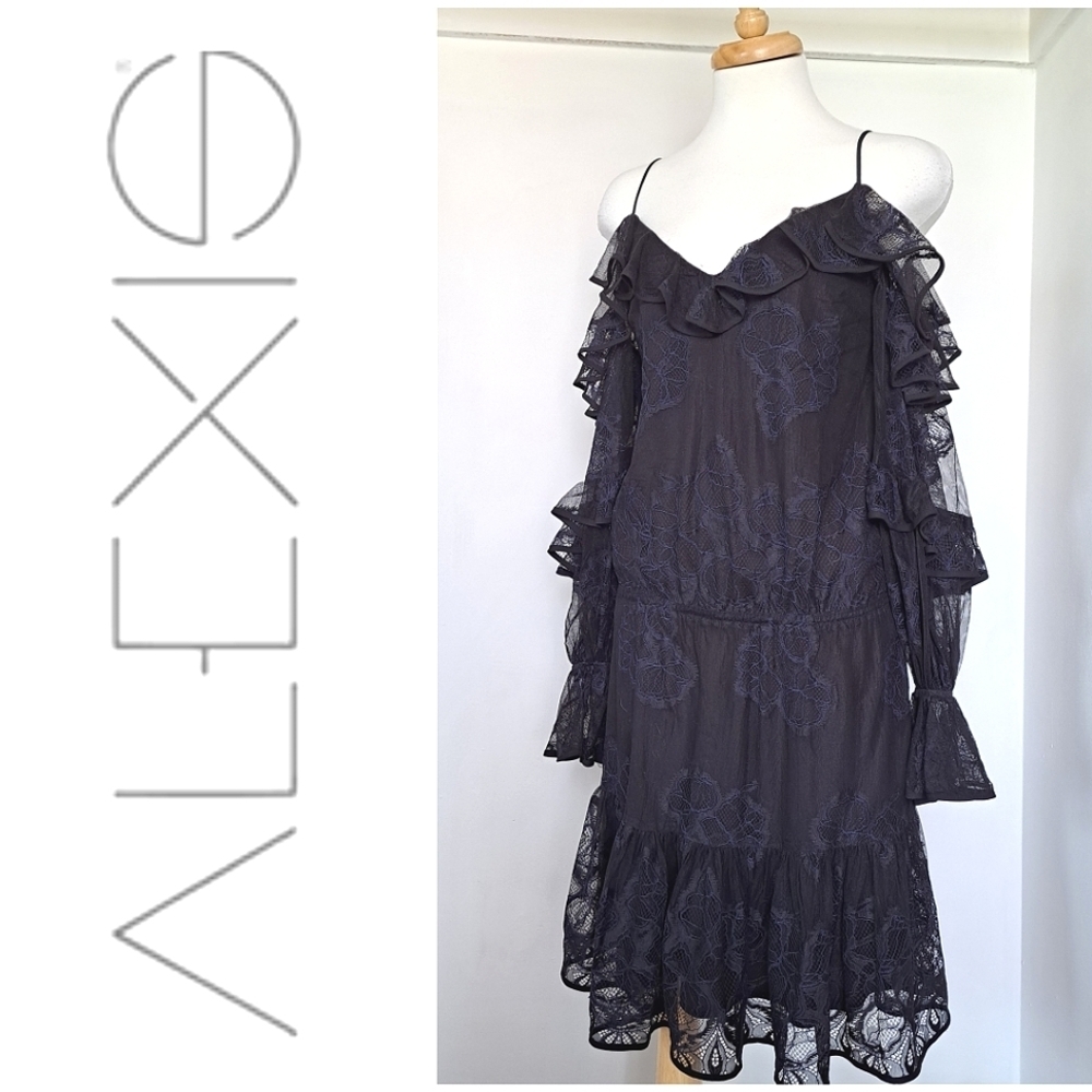 Alexis | Goth ruffled cold shoulder black & blue women's dress